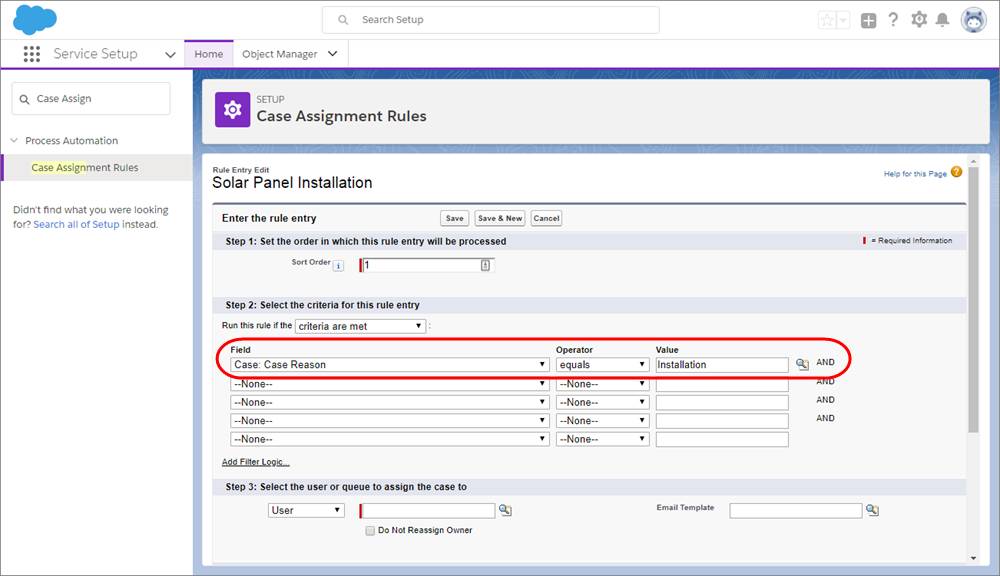 Capture d’écran de la page Règles d’attribution des requêtes dans la Configuration de service