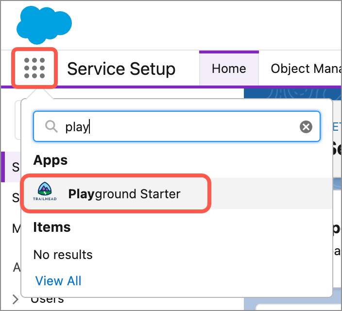 Il menu App Launcher (Programma di avvio app) che mostra l'app Playground Starter.