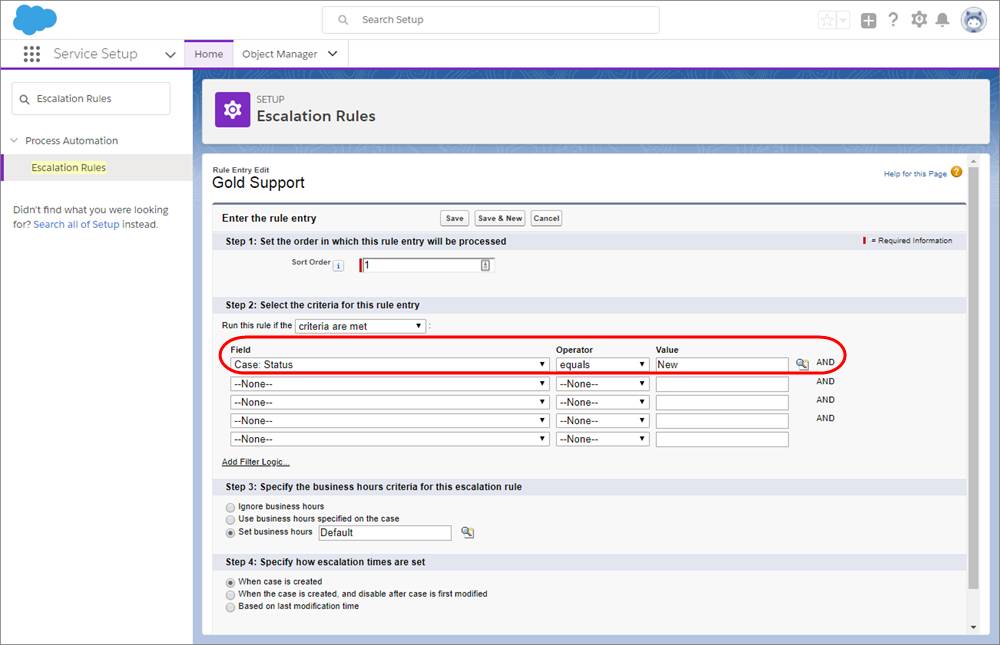 Capture d’écran de la page Règles d’escalade dans la Configuration de service