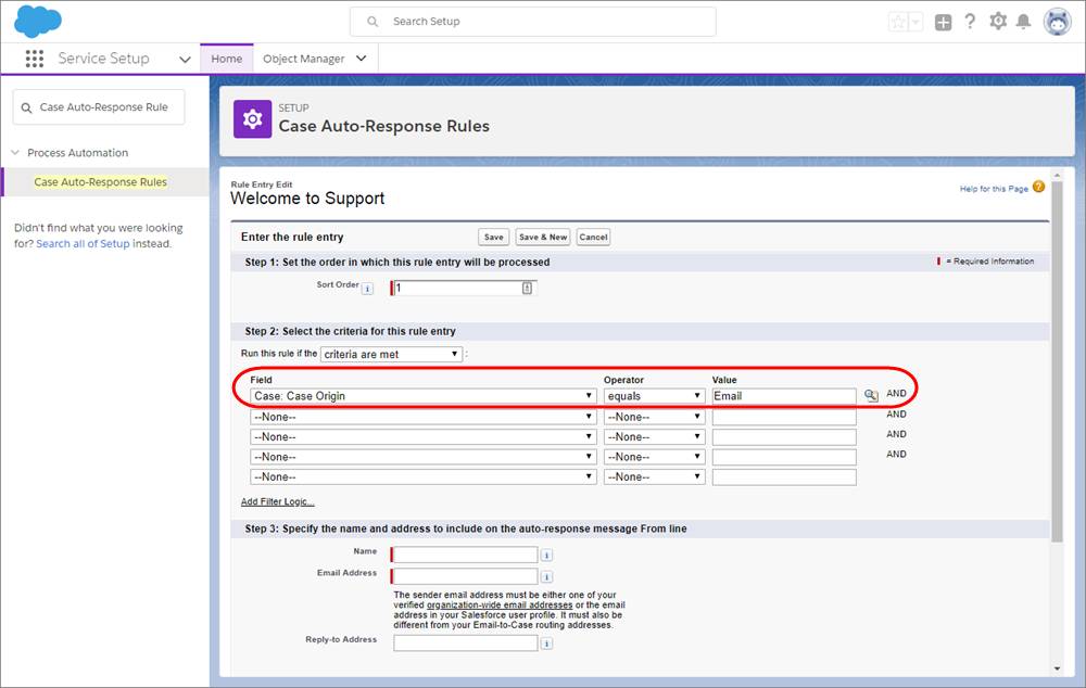 Screenshot der Seite 'Automatische Antwortregeln für Vorgänge' in Service-Setup