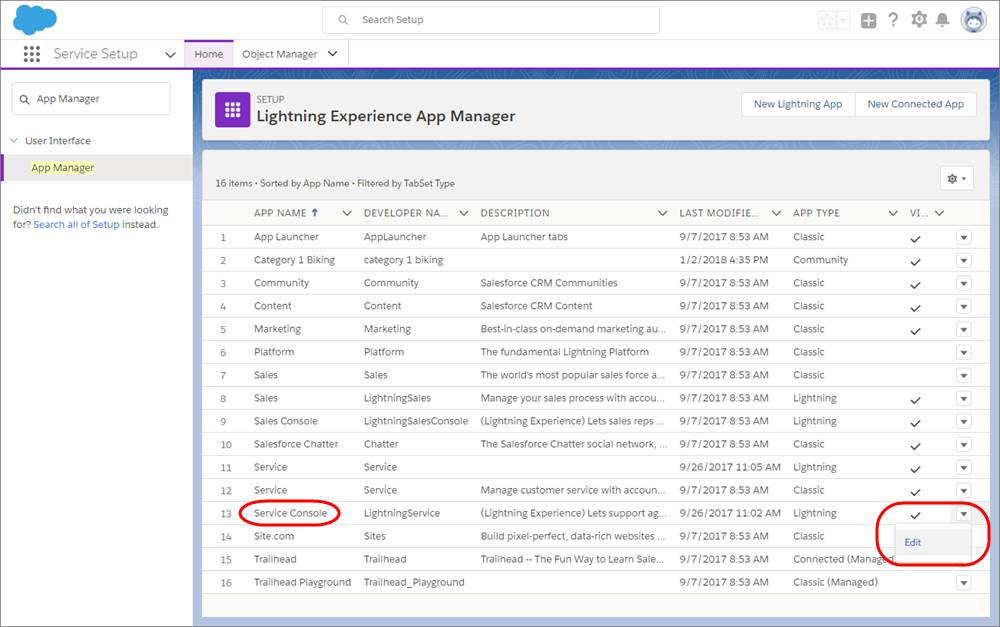 L’application Lightning Service sélectionnée sur la page Gestionnaire d’application de la configuration.