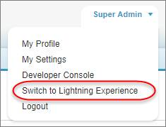 L’option Basculer vers Lightning Experience est accessible depuis votre nom d’utilisateur dans la barre d’outils.