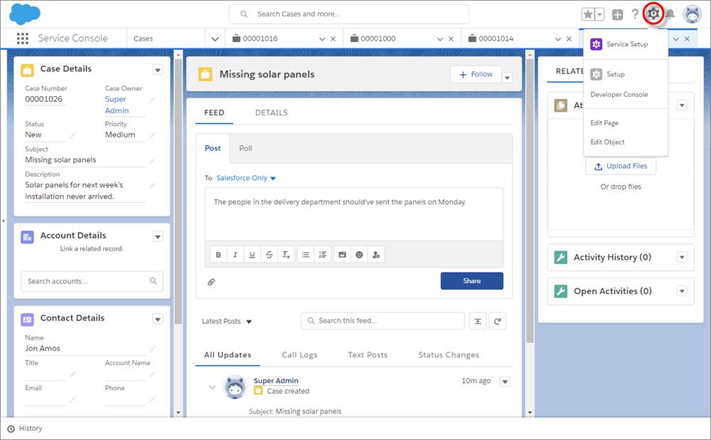 L’icône en engrenage, avec Configuration du service sélectionné, dans la barre d’outils.