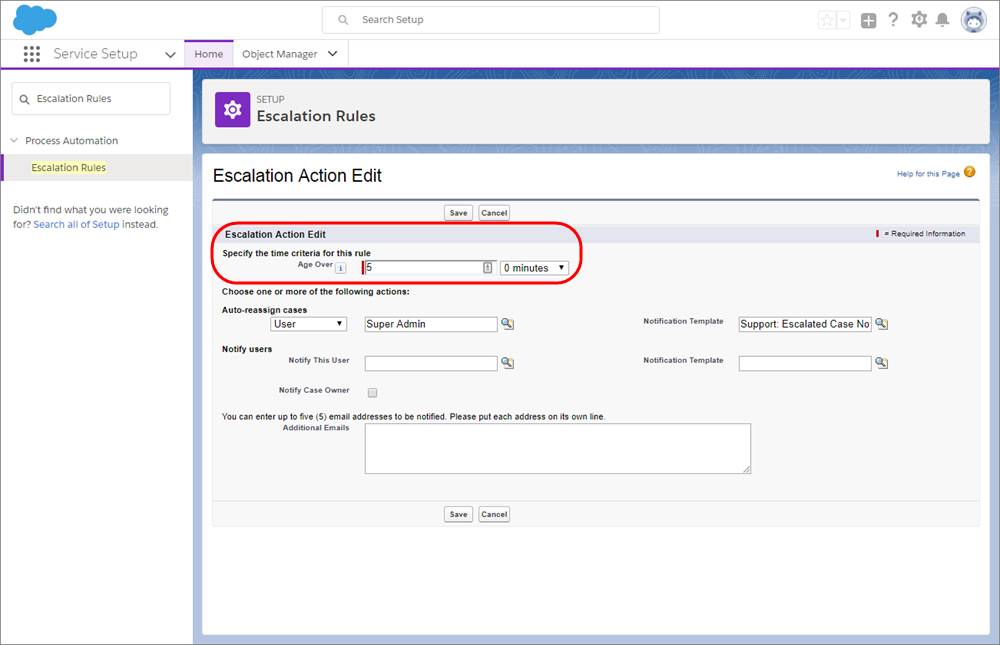 A screenshot of the Escalation Rules page with an escalation action set for five hours.