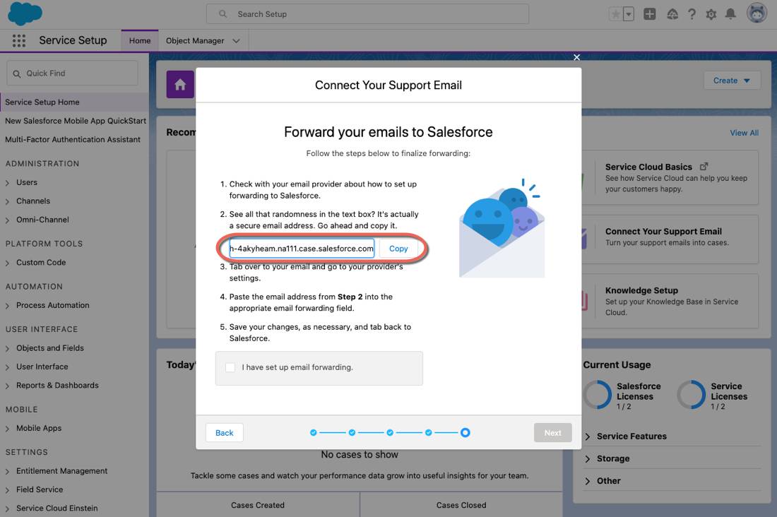 L’invite de configuration e-mail avec le lien de transfert d’e-mail à copier.