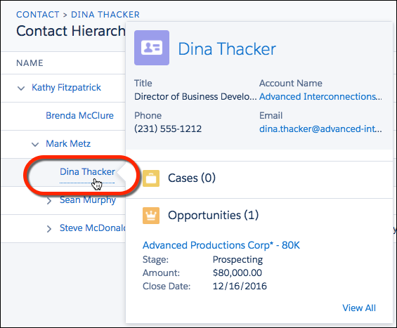 Hover to see more details on a contact in the hierarchy