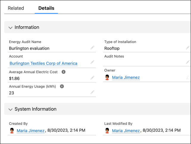 Details tab with new organization of fields