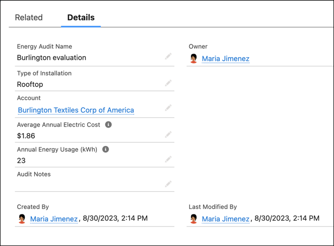 Details tab with original organization of fields