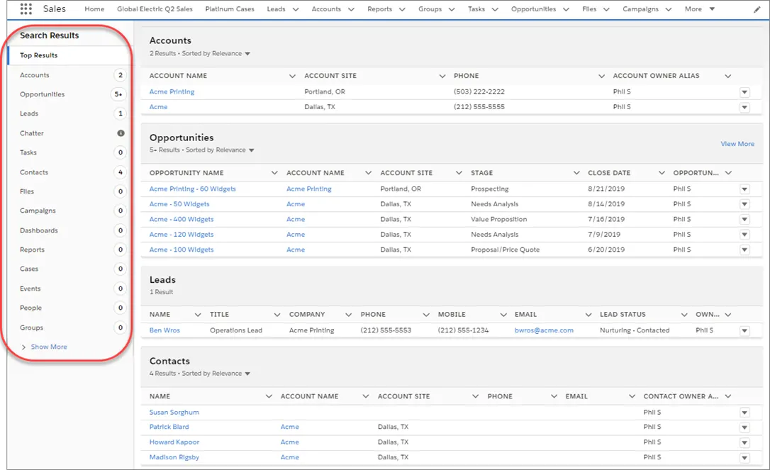 Page Top Results (Principaux résultats)